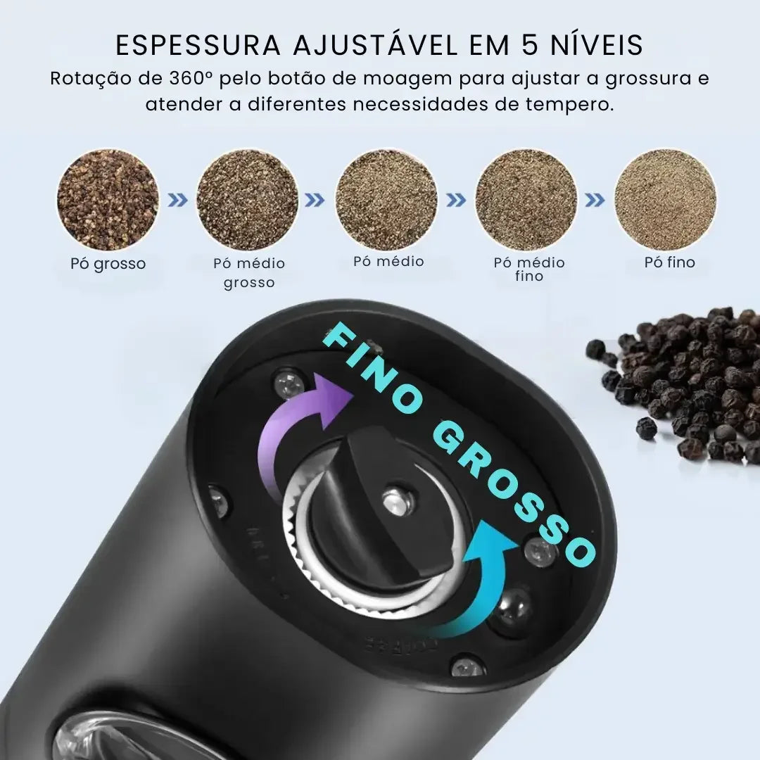 Moedor Elétrico de Sal e Pimenta | Ajuste de Moagem Automático